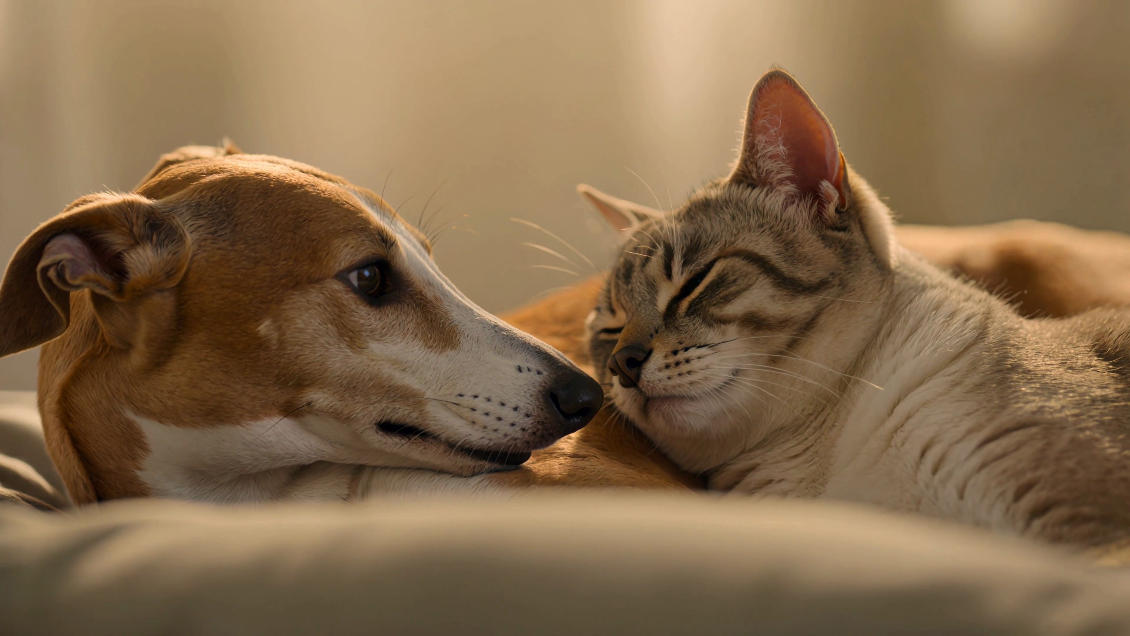 A greyhound and a cat resting together at home, the family a Paws and Co plan protects