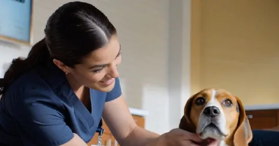 A Paws and Co vet with a beagle