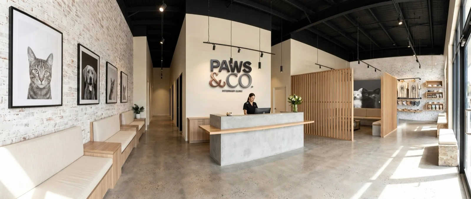 Reception, live-edge wood and whitewashed brick
