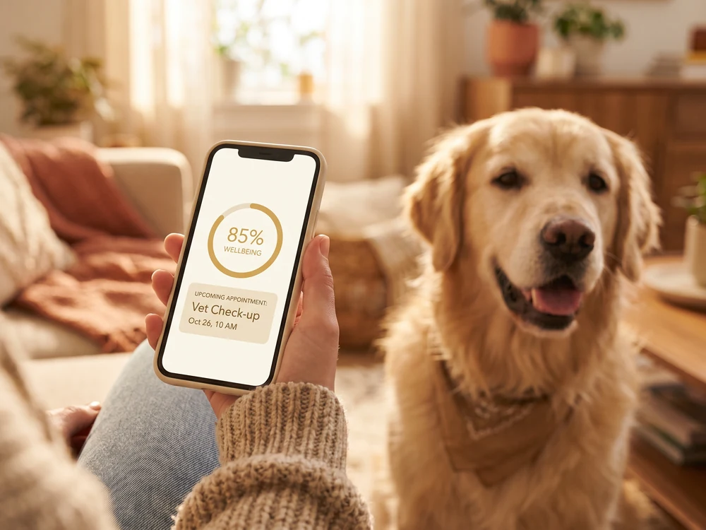 A dog relaxed at home, cared for through the Paws and Co app