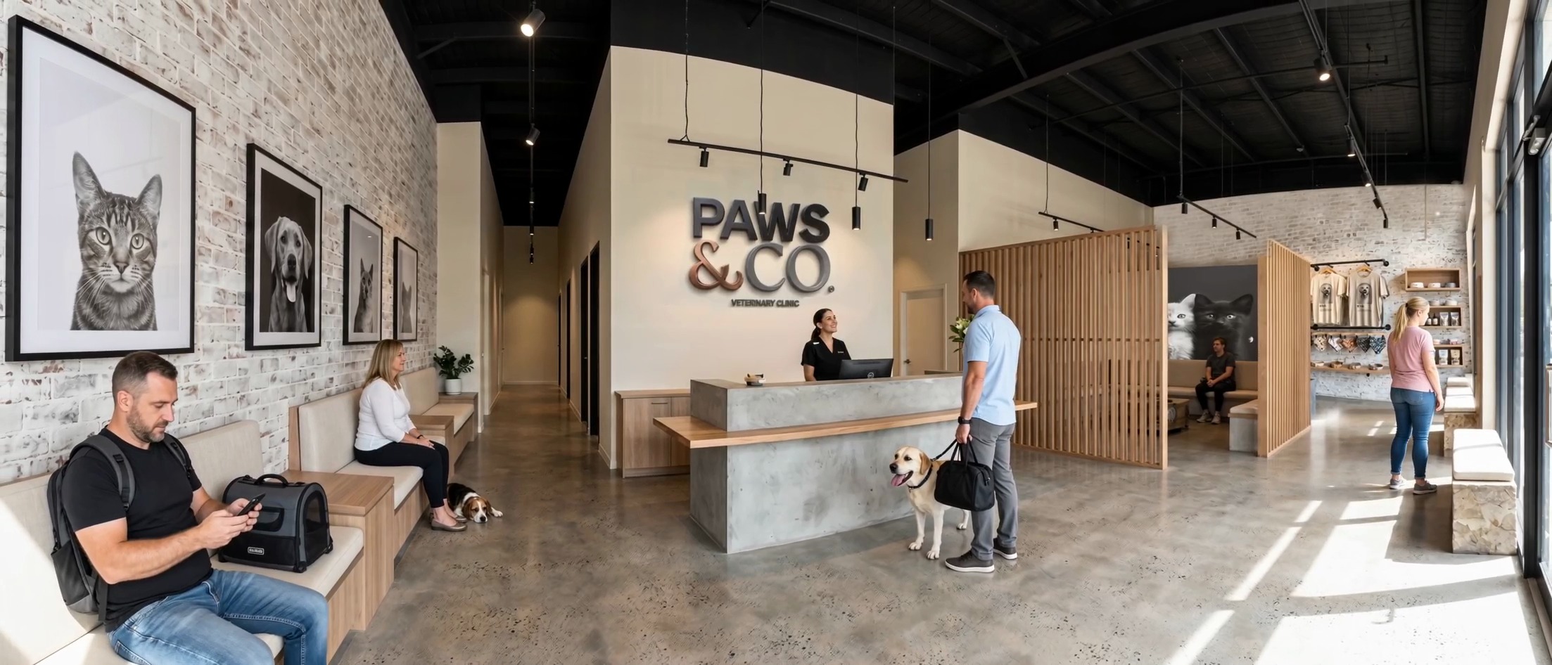 Paws & Co reception with warm timber and pendant lights