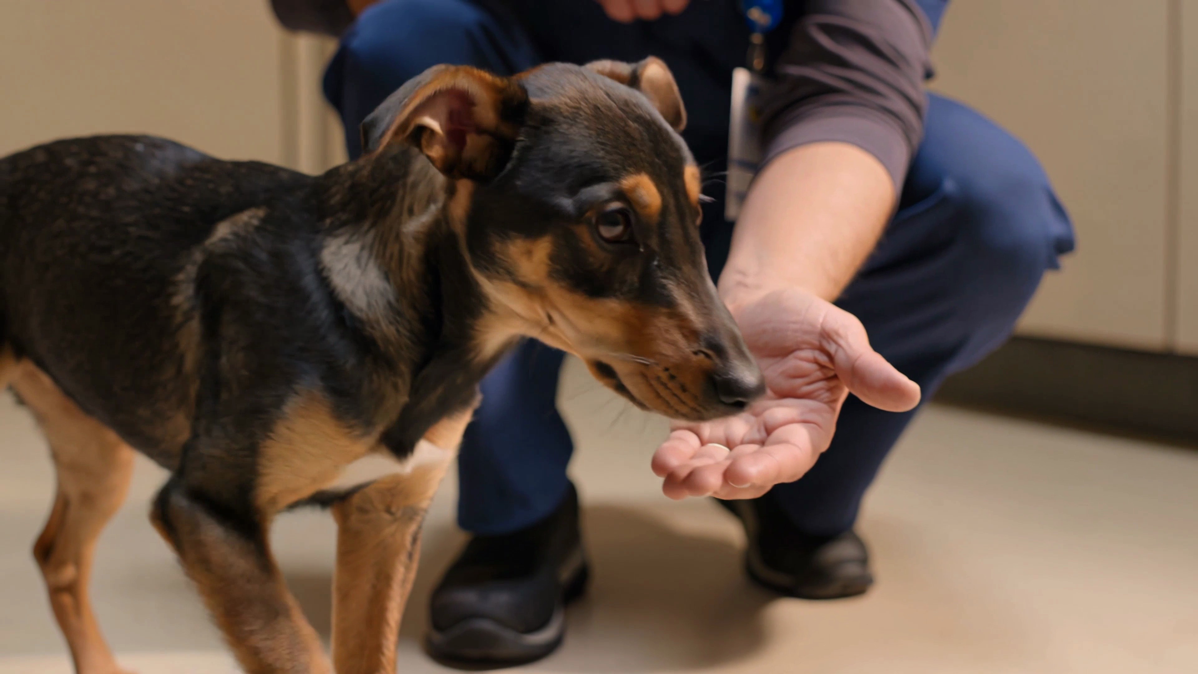 Rescue dog being gently offered a hand by a vet
