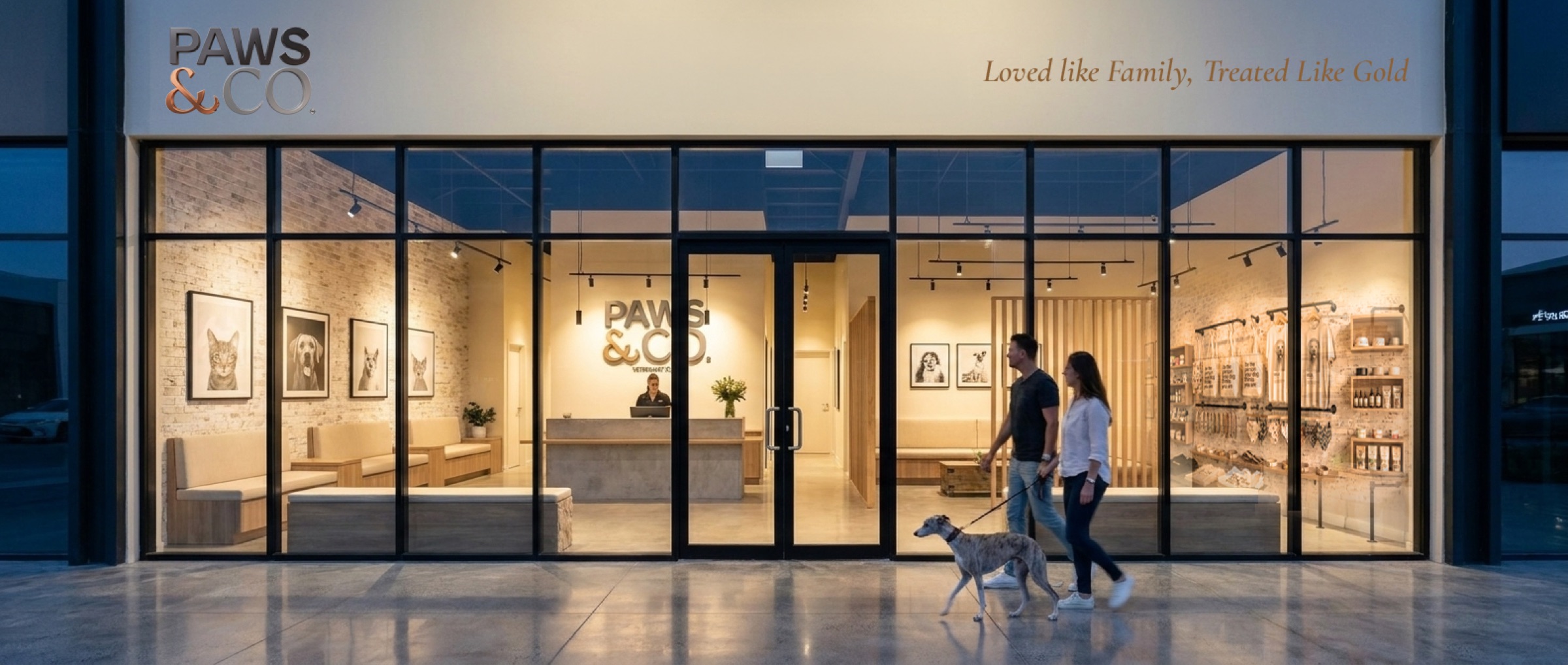 Paws & Co clinic exterior at night with warm interior glow