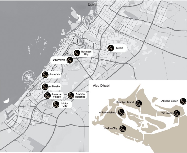 Map showing Paws & Co clinic locations across Dubai and Abu Dhabi